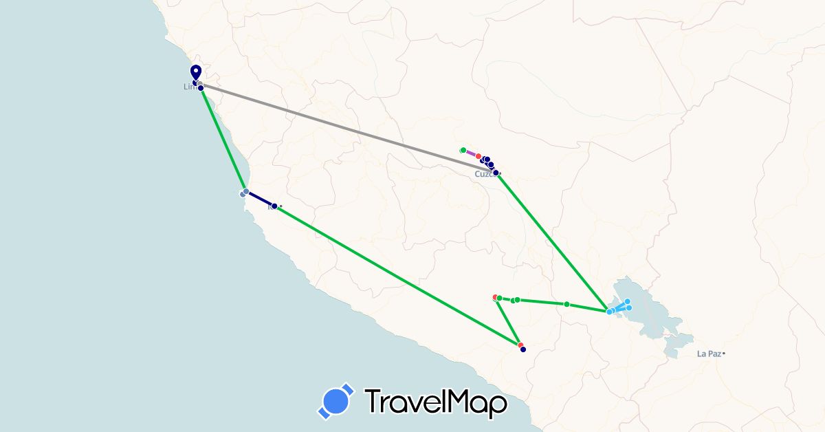 TravelMap itinerary: driving, bus, plane, cycling, train, hiking, boat in Peru (South America)